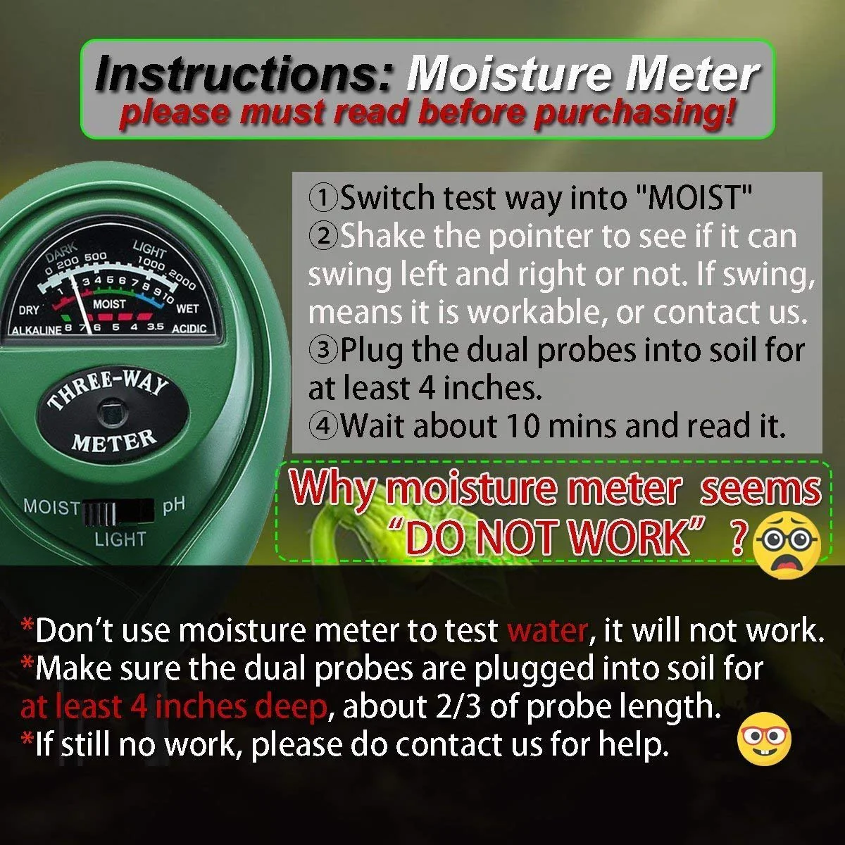Three Way Soil Meter For Moisture, Light Intensity and pH Testing Meter - Image 6